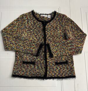 Marisa Christina Sz PM Petite Vintage Textured Cardigan Colorful Sweater Fringe